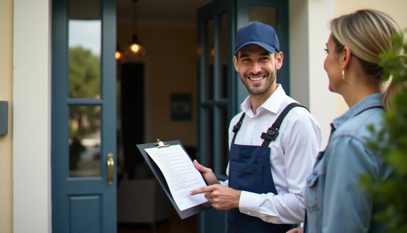 Prestataire de service sans retour remettant un rapport d'intervention complet à un client devant son domicile