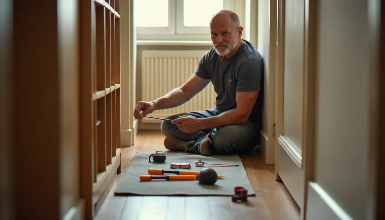 Artisan à domicile montant un meuble dans un couloir d'appartement, représentant les services de bricolage à domicile