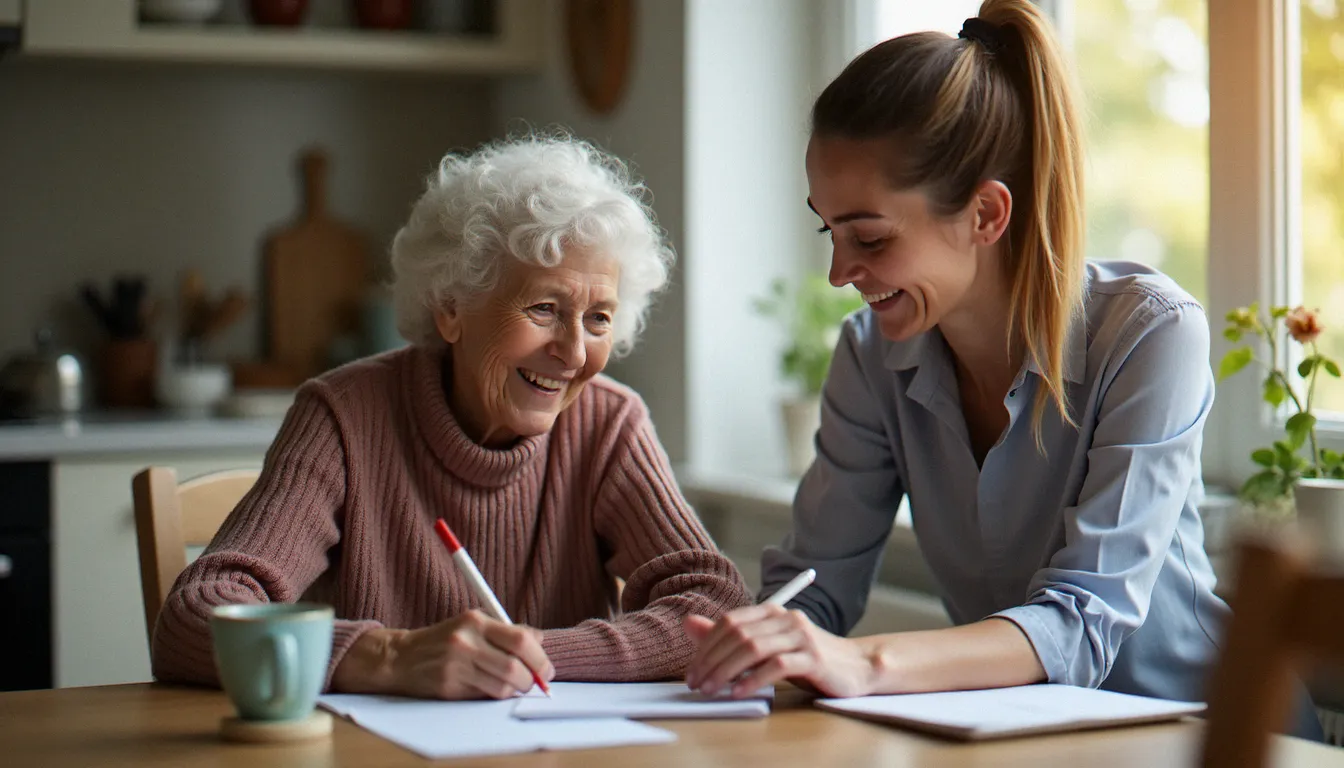 Aide à domicile accompagnant une personne âgée dans ses démarches administratives, illustrant l'accompagnement personnalisé des services à domicile