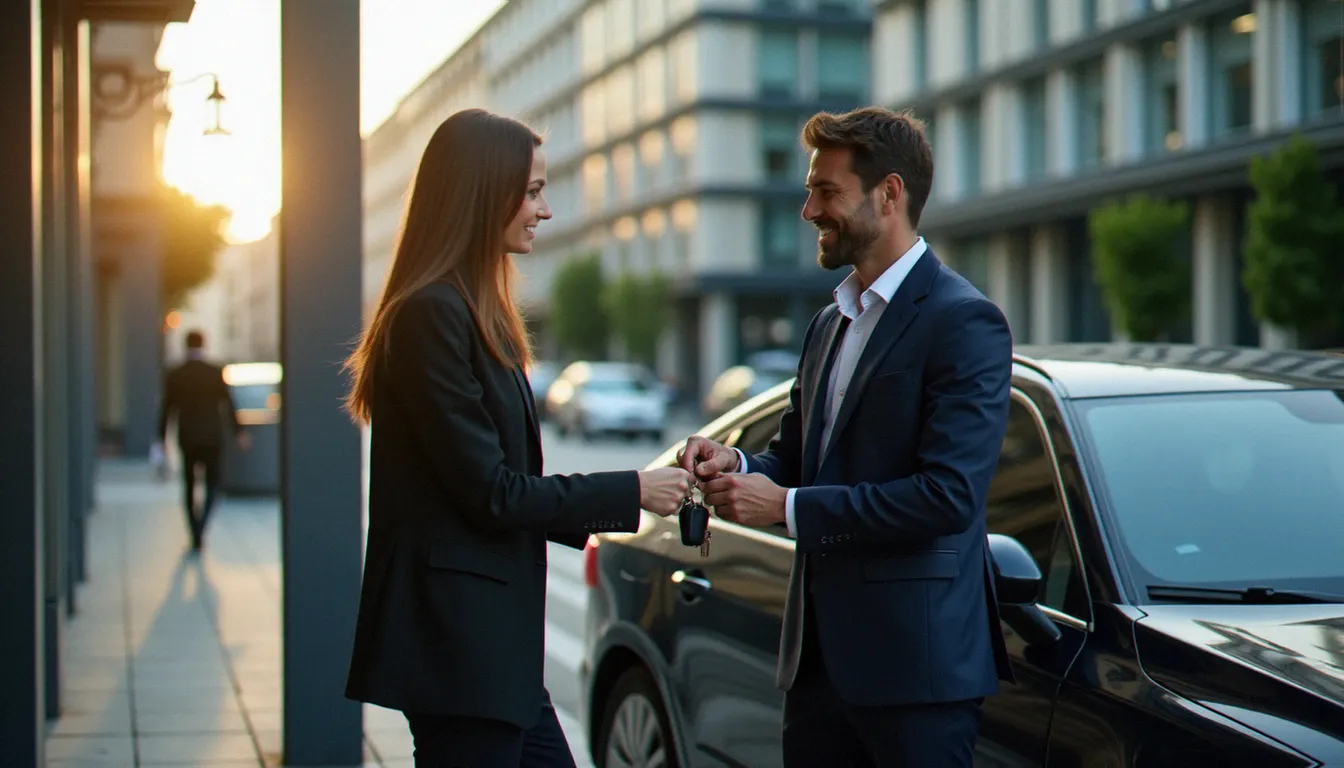 Remise de clés de véhicule par un convoyeur professionnel à une cliente devant un immeuble de bureaux lyonnais