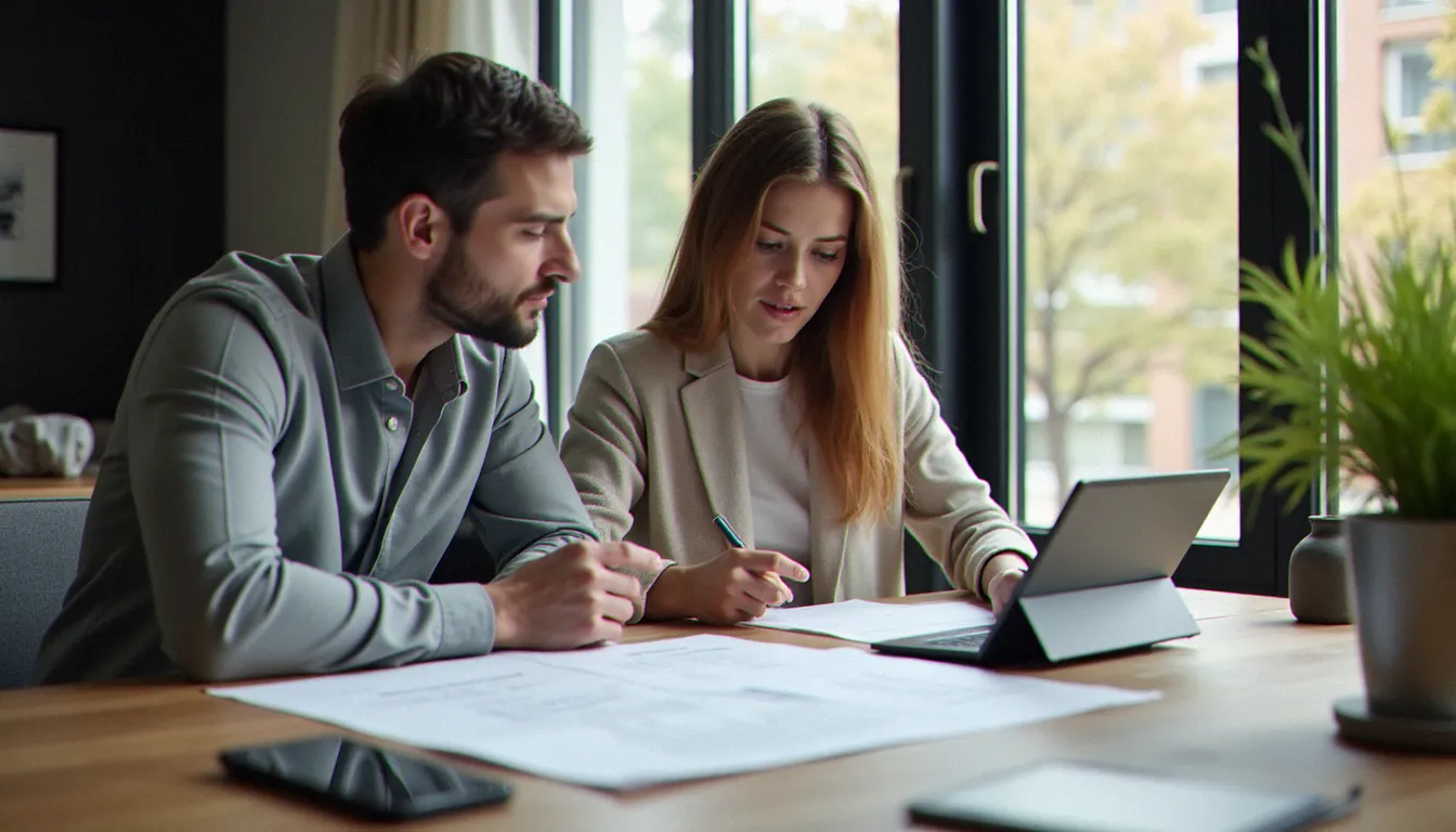 Un couple examinant les documents de garantie d'un logement neuf Bouygues Immobilier avec plans de construction