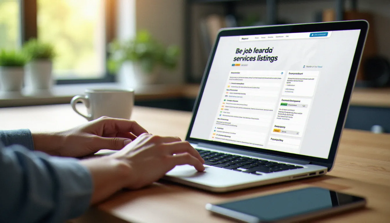Consultation d'une plateforme de services emplois com sur ordinateur portable pour trouver une offre de service à domicile