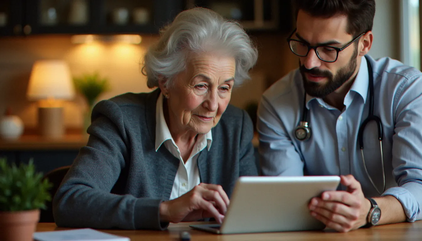 Une personne âgée accompagnée par un conseiller pour accéder aux services administratifs en ligne depuis son domicile, illustrant l'aide à la navigation des services France Connect