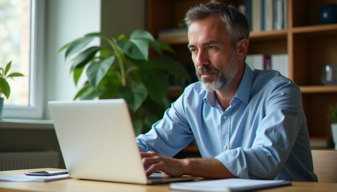 Un homme consultant les services France Connect sur son ordinateur portable dans un bureau à domicile lumineux