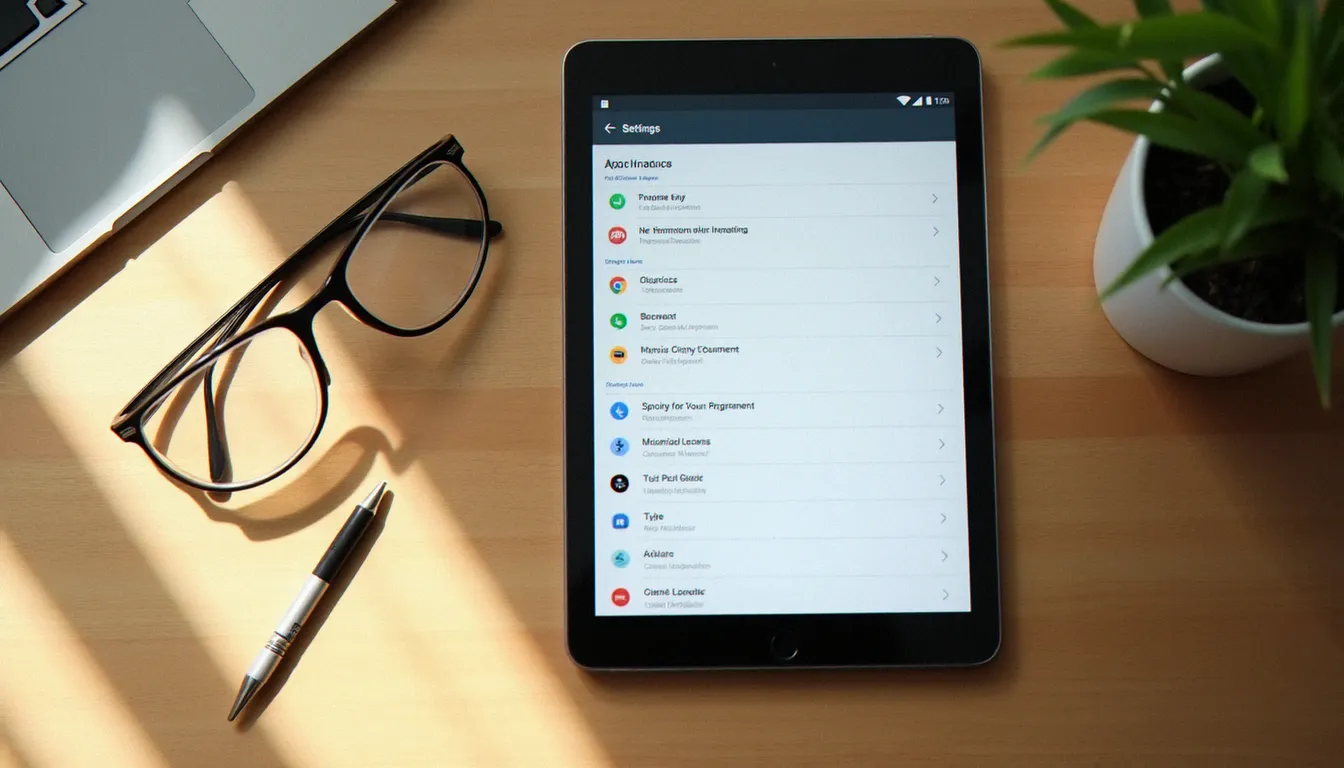 Vue du dessus d'une tablette Android affichant les paramètres des applications système, représentant le fonctionnement en arrière-plan des services Google Play