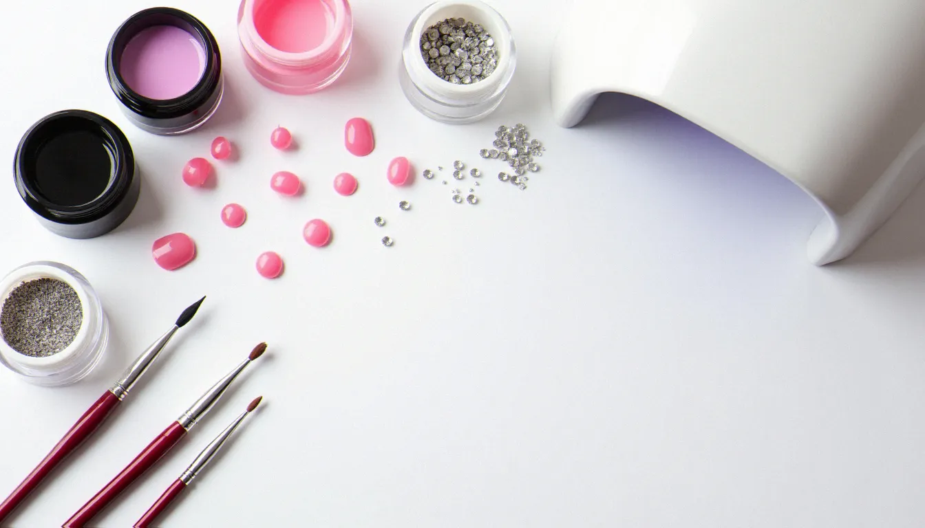Vue de dessus des outils et matériaux utilisés pour les différentes poses d'ongles professionnelles, incluant gel UV, poudre acrylique et accessoires de nail art
