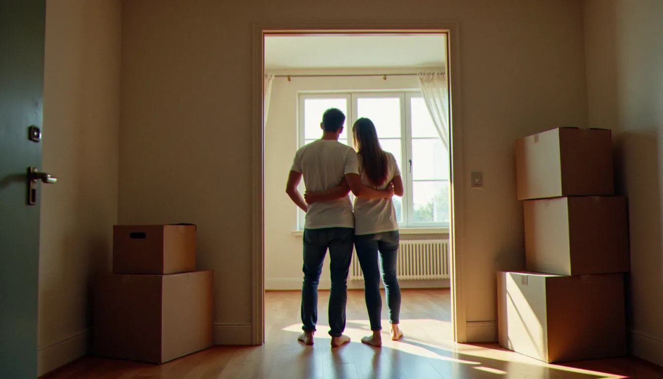 Couple devant un logement vide sans services actifs, représentant la situation d'emménagement sans services essentiels