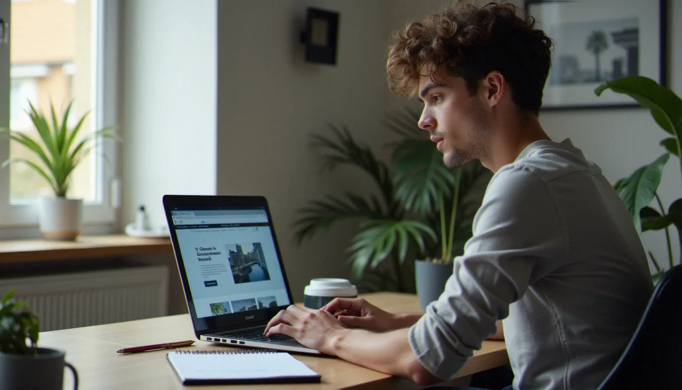 Jeune homme recherchant une mission de service civique sur un ordinateur portable à son bureau