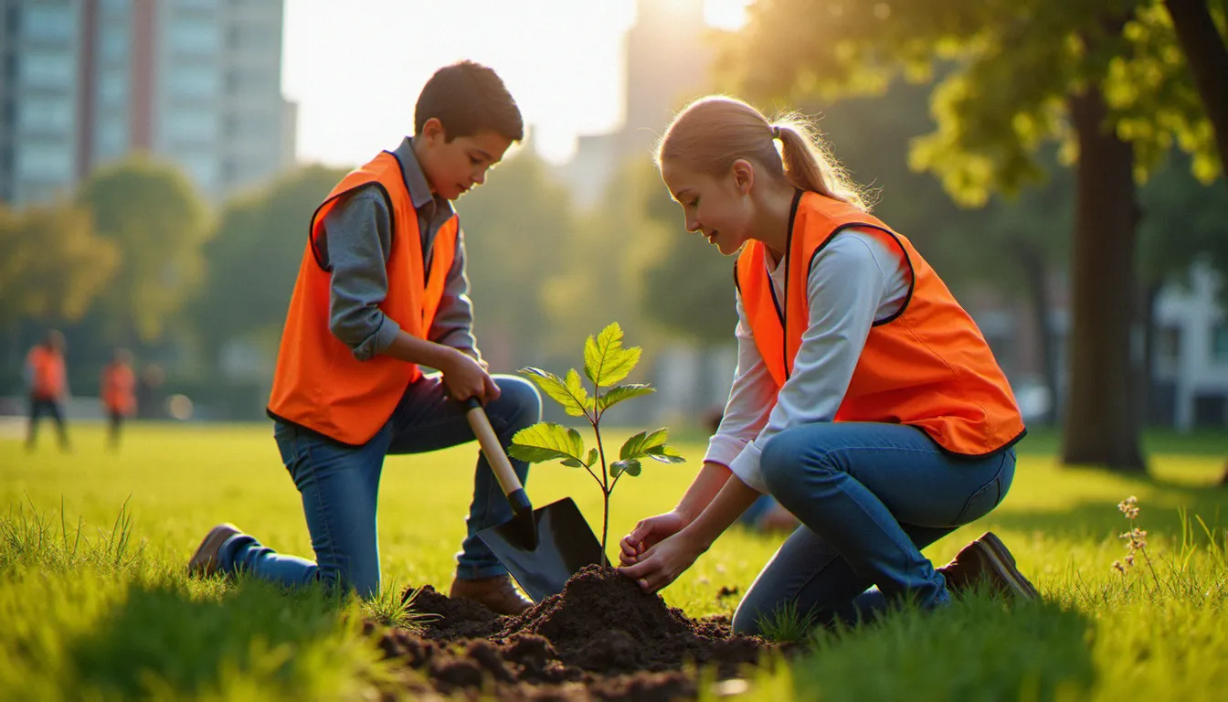 Deux jeunes en service civil effectuant une mission environnementale de plantation d'arbres dans un parc urbain