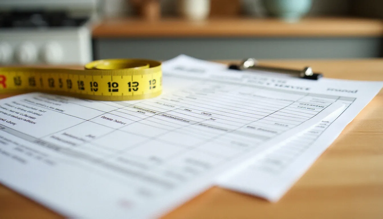 Devis de service cuisine posés sur un plan de travail en bois avec un mètre ruban, illustrant le processus de choix d'un prestataire