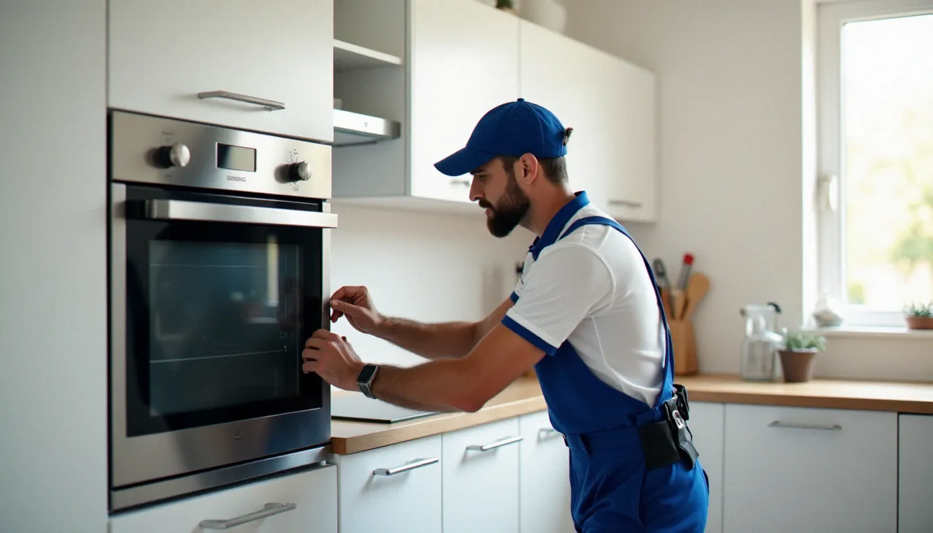 Technicien professionnel réalisant un service cuisine en installant un four encastrable dans une cuisine moderne blanche