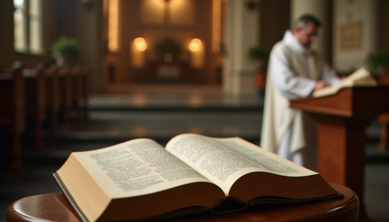 Missel ouvert sur un lutrin d'église avec un prêtre en aube blanche préparant la célébration d'un service d'église