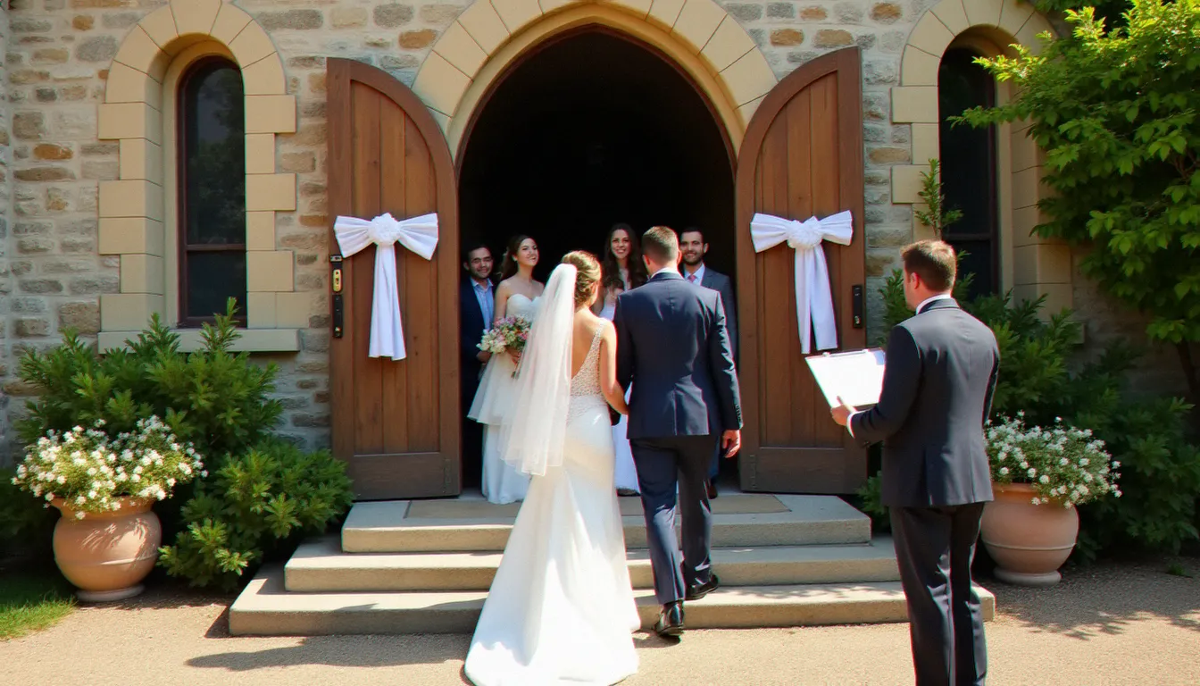 Façade d'une église de village français lors d'un mariage religieux, invités en tenue de cérémonie et coordination logistique à l'entrée