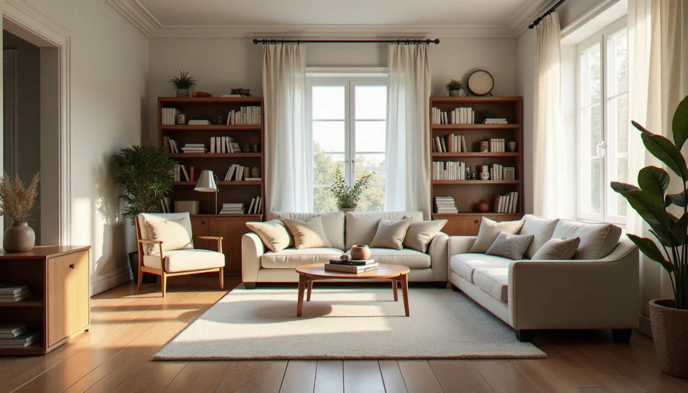 Intérieur organisé et ordonné après une prestation de service à domicile dans un appartement français