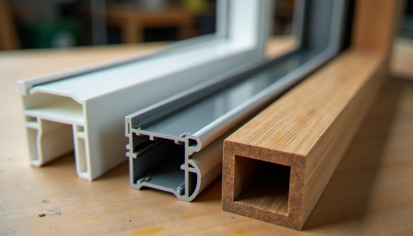 Comparatif de trois matériaux de cadres de fenêtres côte à côte : PVC blanc, aluminium brossé et bois chêne naturel, pour guider le choix lors d'un service fenêtres