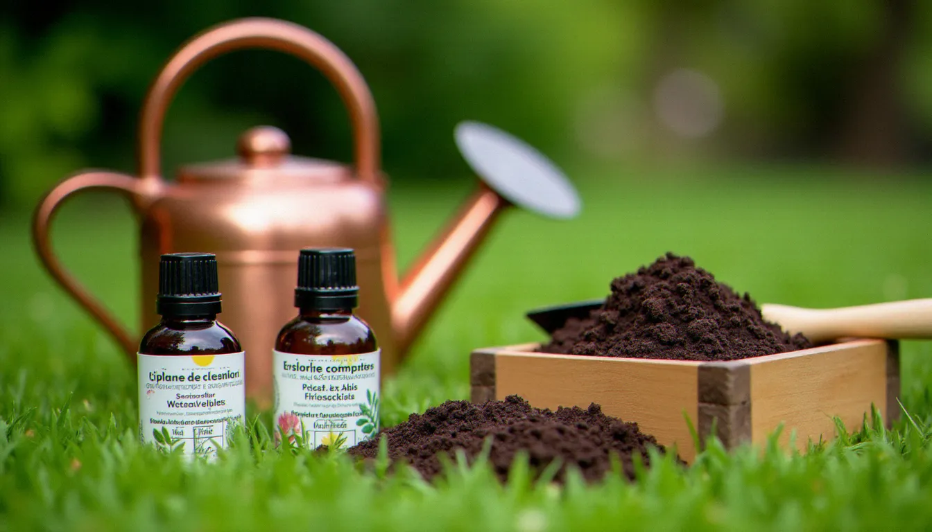 Équipements et produits naturels utilisés dans les services biovert posés sur une pelouse, incluant arrosoir en cuivre, traitements à base de plantes et compost