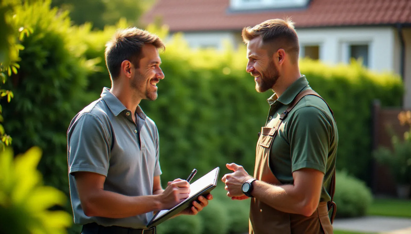 Prestataire de services biovert présentant un plan d'entretien à un propriétaire sur une terrasse résidentielle ensoleillée