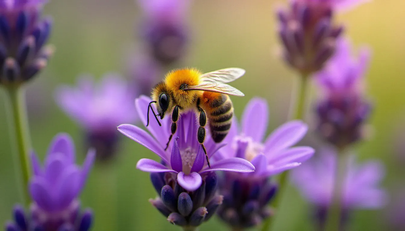 Abeille pollinisatrice sur une fleur de lavande dans une prairie sauvage, exemple concret de service écosystémique de régulation par la pollinisation