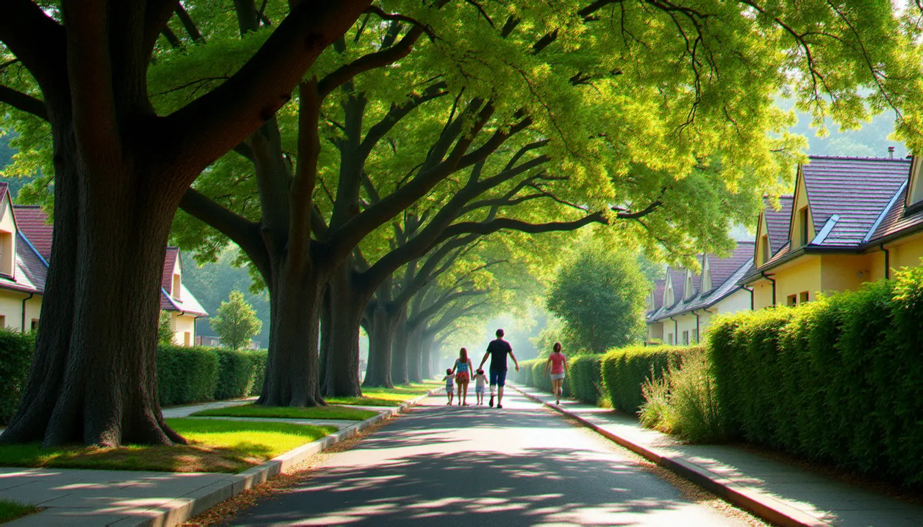 Rue résidentielle française ombragée par de grands arbres matures offrant régulation thermique et confort de vie, illustration des services écosystémiques en milieu urbain