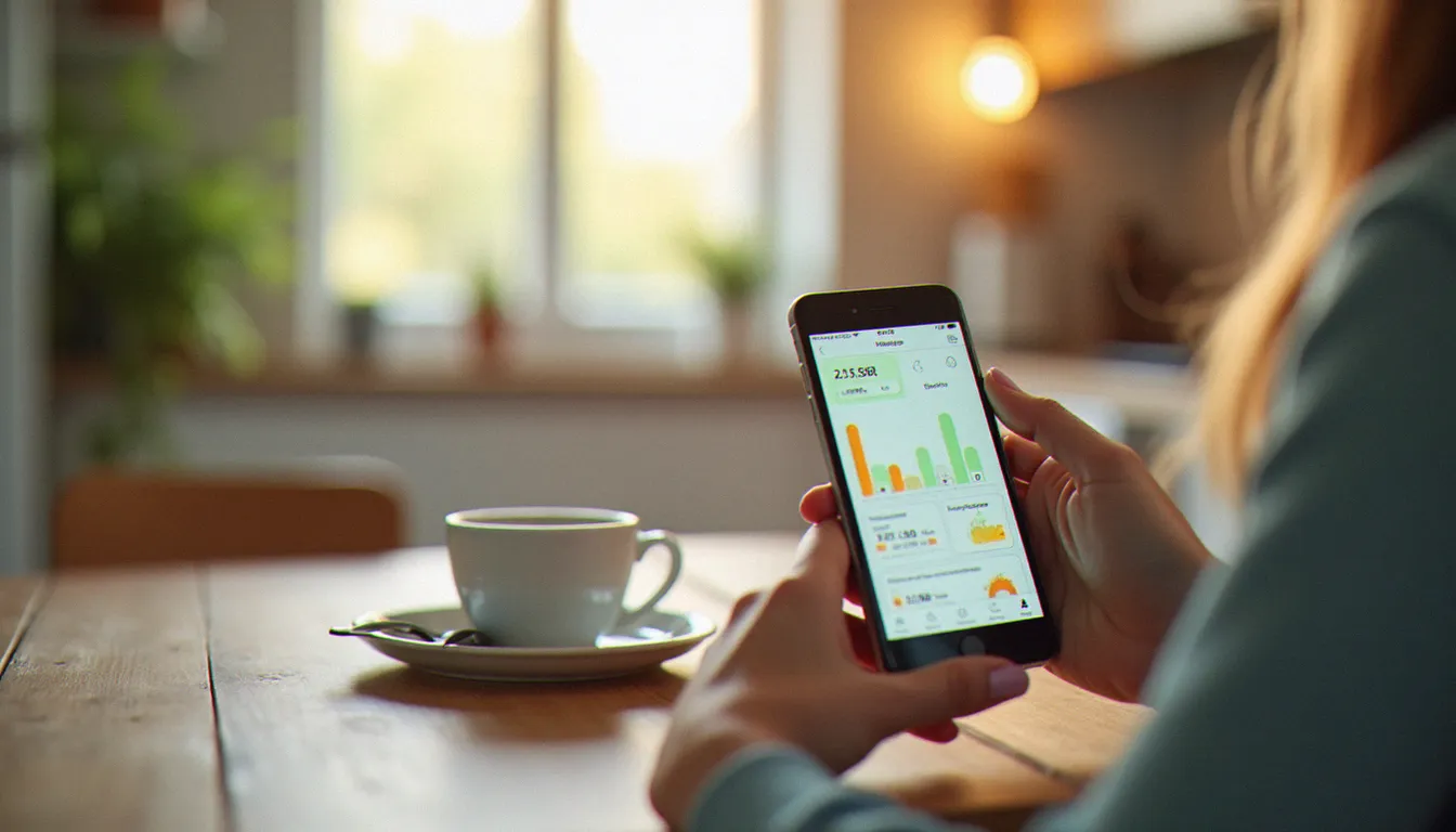Une personne consulte son application de suivi de consommation énergétique sur smartphone depuis son domicile, outil proposé dans les services TotalEnergies