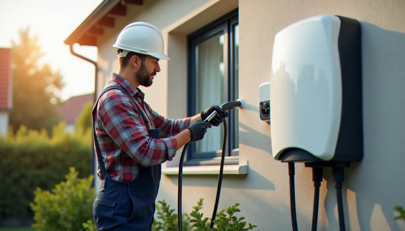 Technicien qualifié IRVE installant une borne de recharge pour véhicule électrique sur la façade d'une maison individuelle, prestation incluse dans les services mobilité TotalEnergies