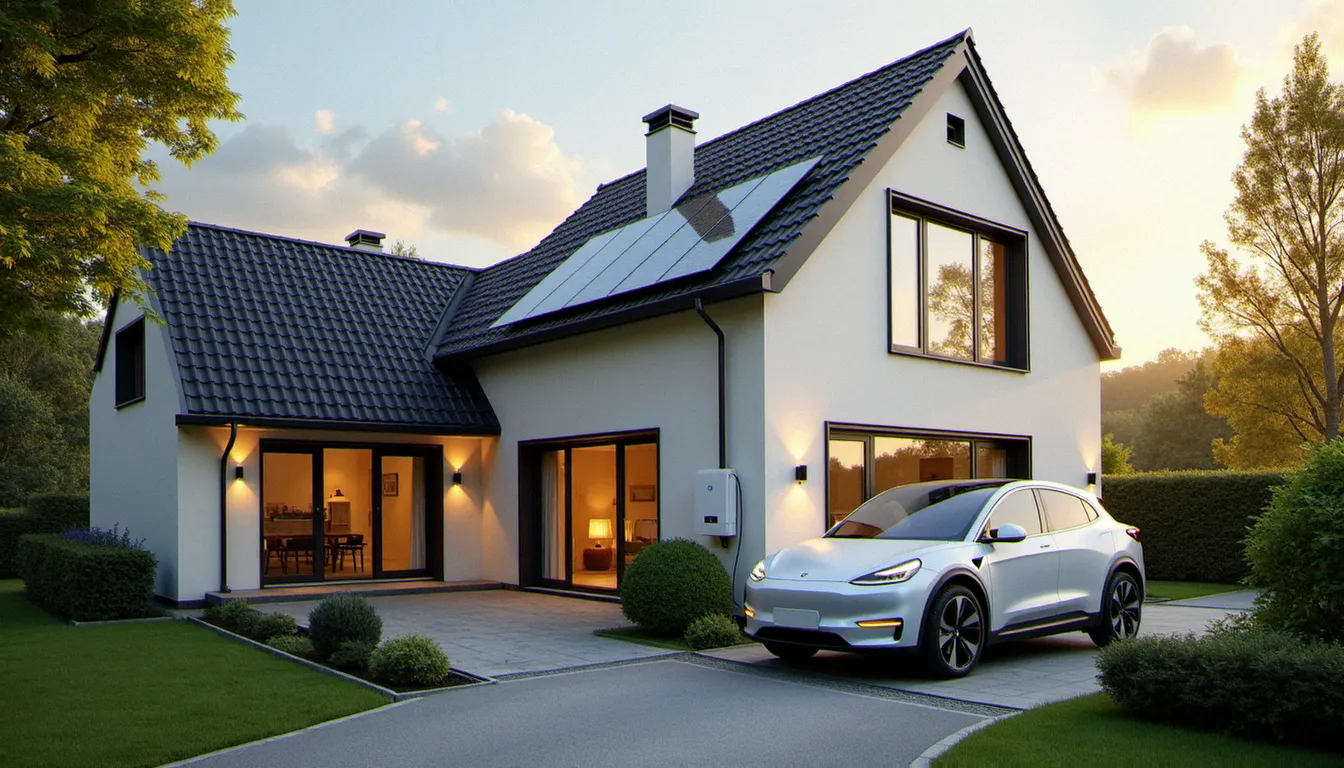 Maison individuelle française moderne avec panneaux solaires sur le toit et borne de recharge pour véhicule électrique, illustrant les services TotalEnergies pour particuliers