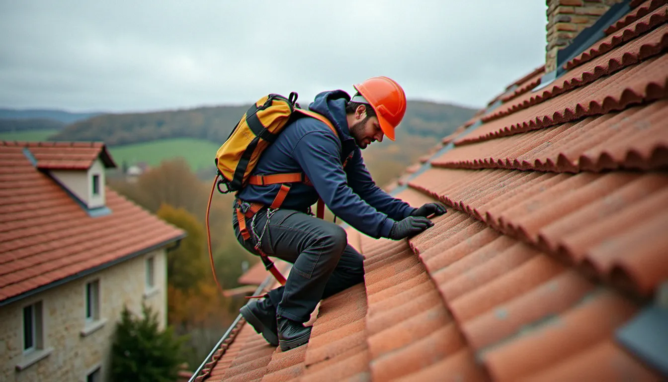 Couvreur inspectant les tuiles et nettoyant les gouttières d'une maison en pierre dans le Puy-de-Dôme, étape clé du service guide and maintenance saisonnier