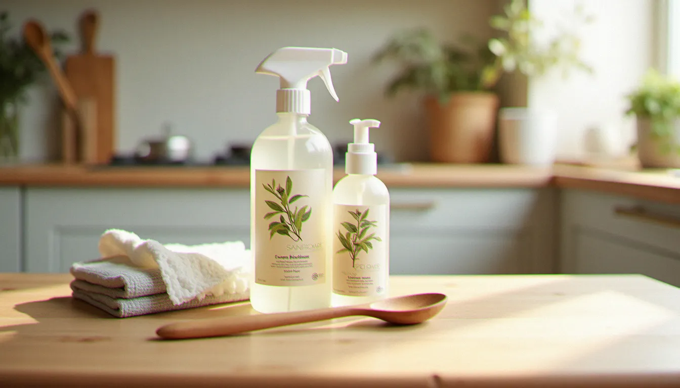 Produits d'entretien bio naturels sur un comptoir de cuisine en bois