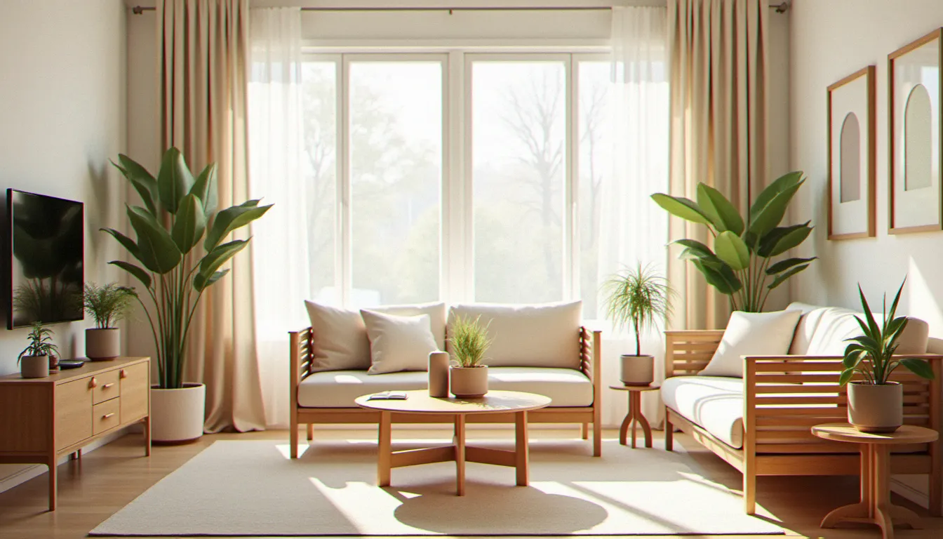 Salon lumineux avec meubles en bois naturel et plantes, illustrant l'approche des services bio pour un habitat sain
