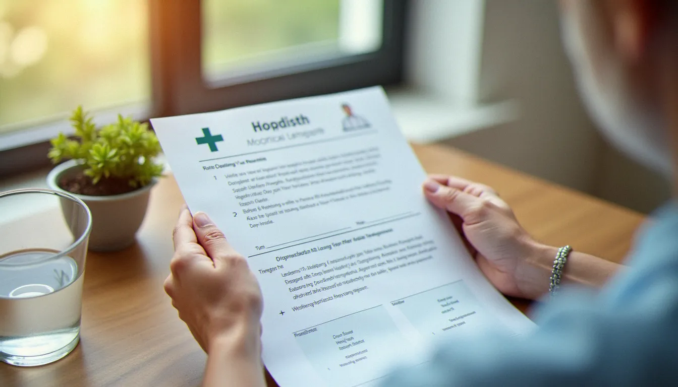 Mains d'un patient tenant sa lettre de sortie hospitalière sur une table de chevet en bois, en lien avec la préparation du retour à domicile après un séjour en clinique