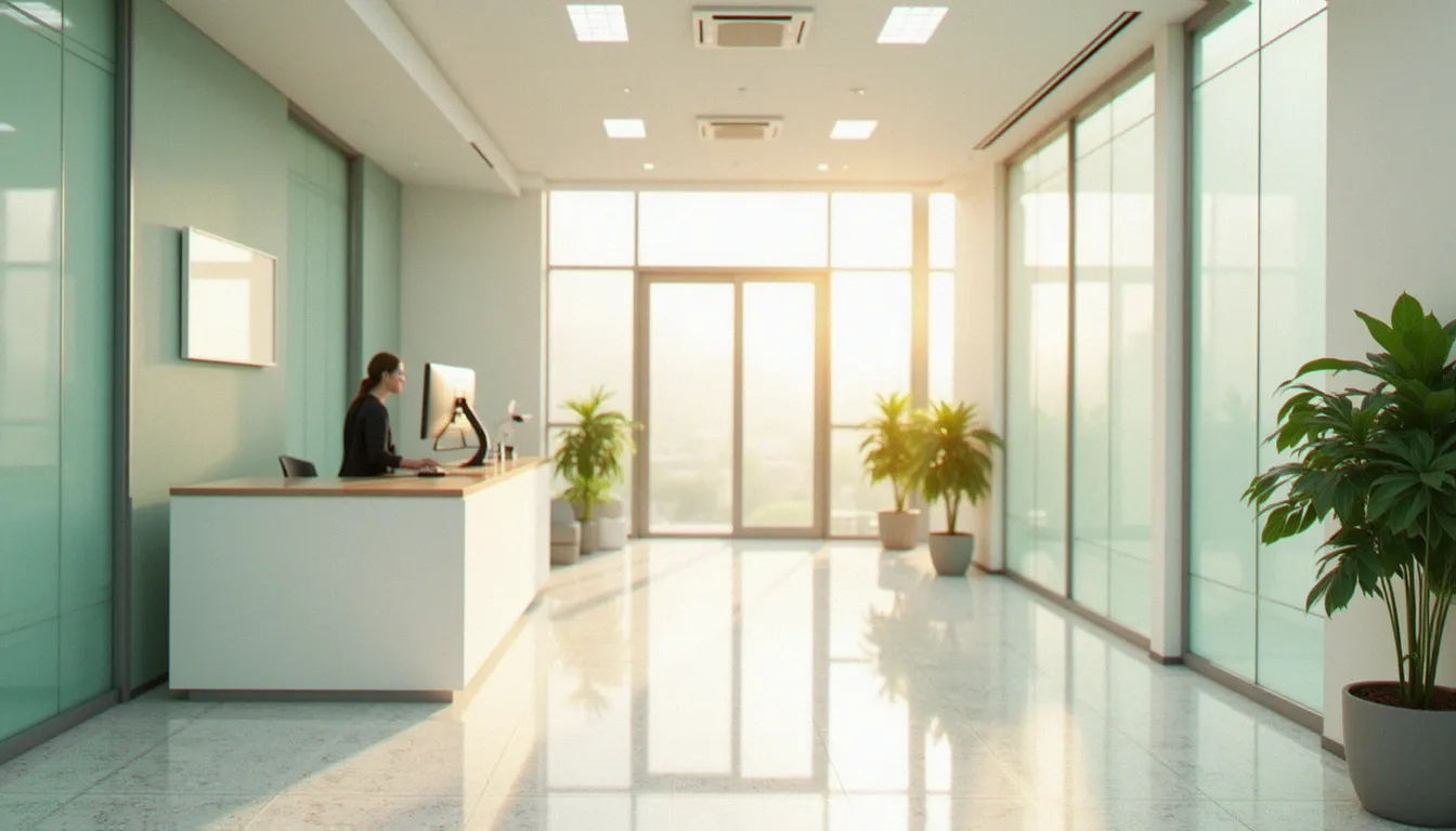 Intérieur lumineux d'un hall d'accueil de clinique privée, couloir aux sols en terrazzo, plantes vertes et portes vitrées, illustrant le cadre des services proposés par Clinique La Châtaigneraie