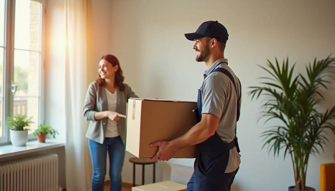 Un intervenant de service à domicile apportant un carton dans un salon lumineux, illustrant une activité de service pour le logement