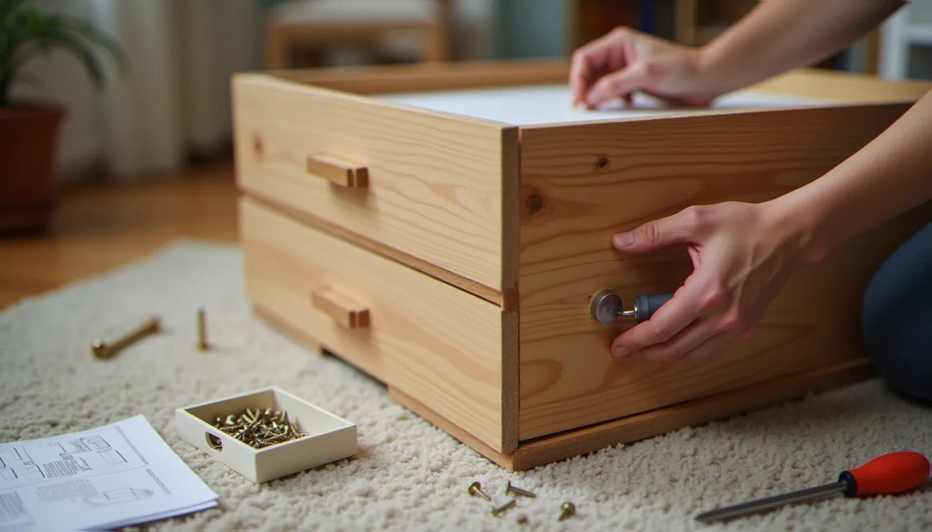 Montage d'une commode en kit avec clé hexagonale et visserie triée, un exemple de tâche relevant des petits travaux à domicile
