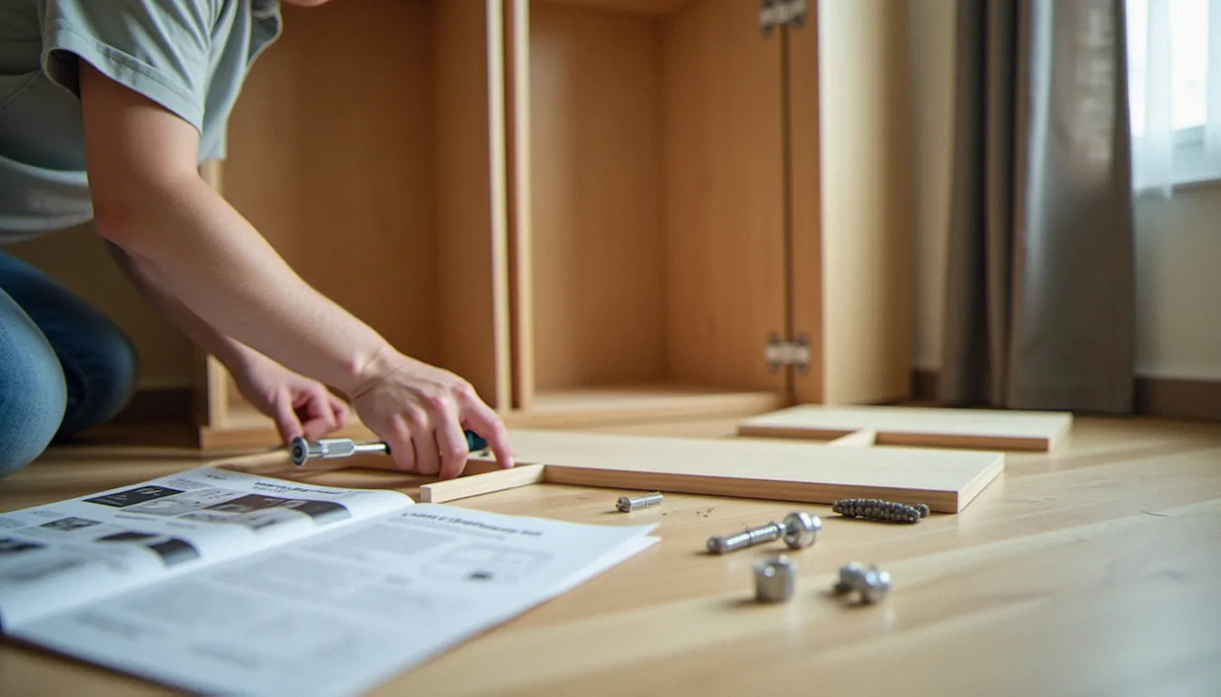 Montage d'une armoire en kit dans une chambre, exemple de tâche confiée à un service de bricolage