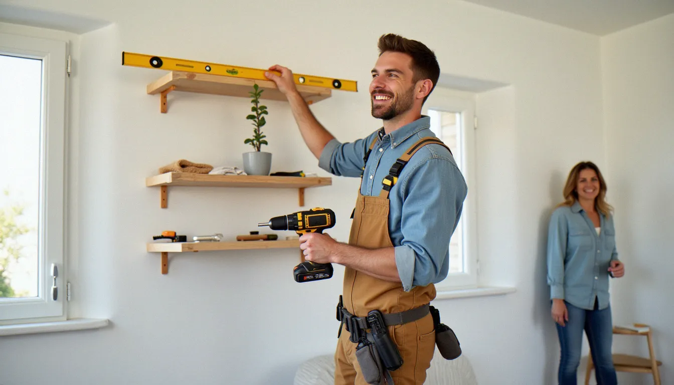 Un professionnel installe une étagère murale dans un salon lumineux, illustration des brico travaux services à domicile
