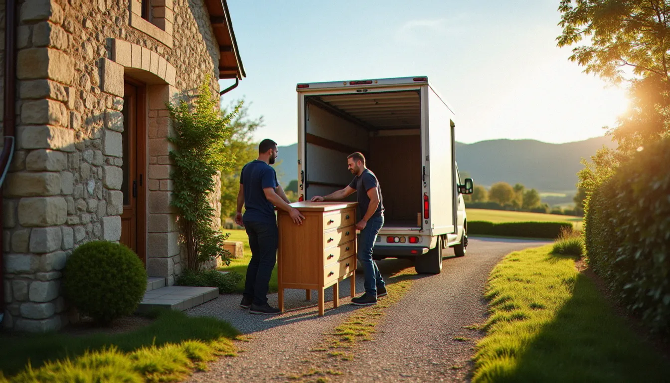 Deux déménageurs sortent une commode d'une maison en pierre d'Auvergne, exemple de service de mobilité résidentielle