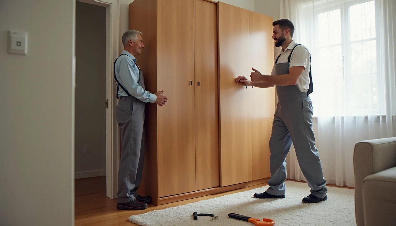 Un professionnel monte une armoire dans une chambre avec un propriétaire, exemple de service à domicile