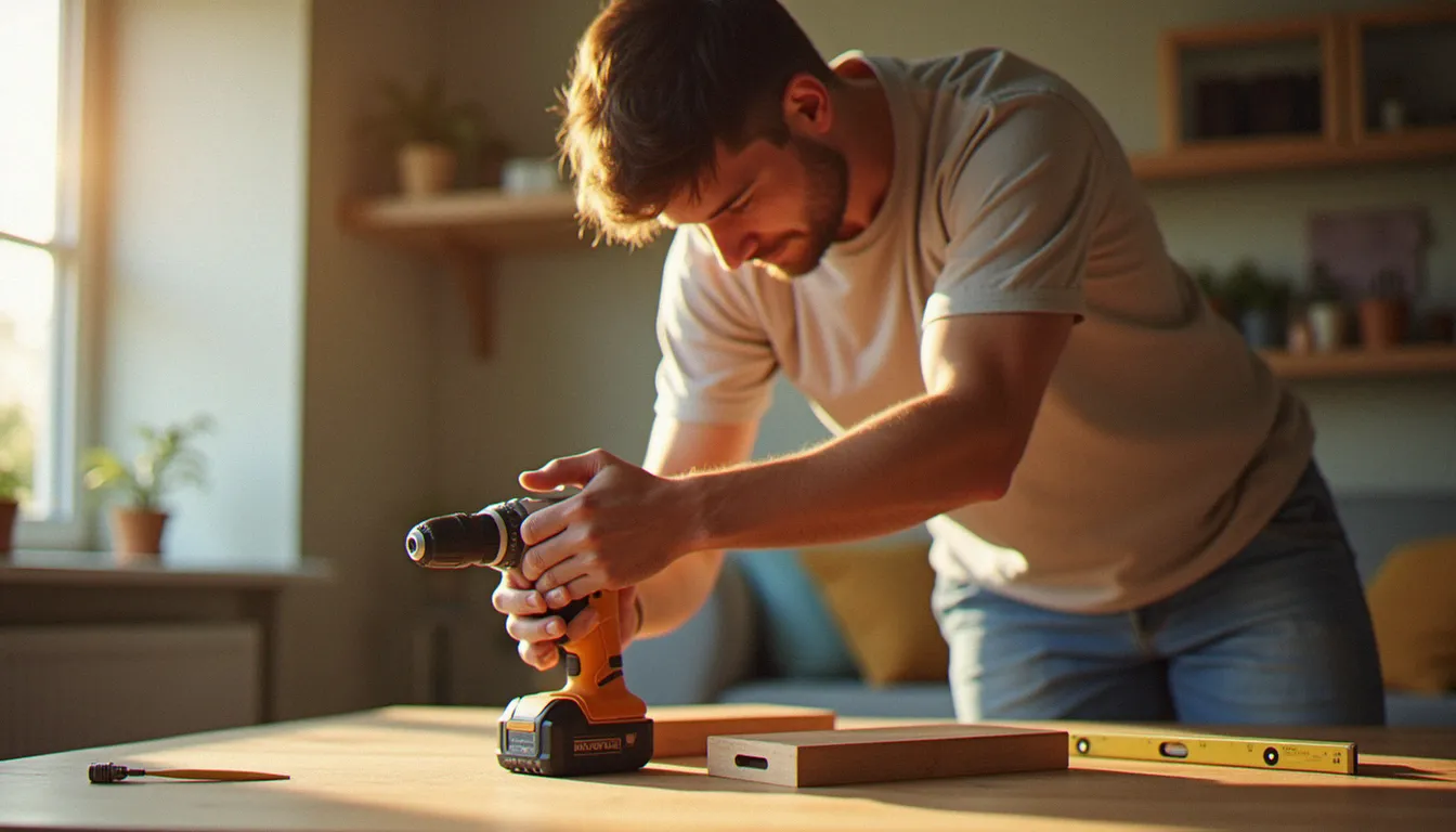 Un bricoleur fixe une étagère murale dans un salon, exemple de service d'aménagement et de confort