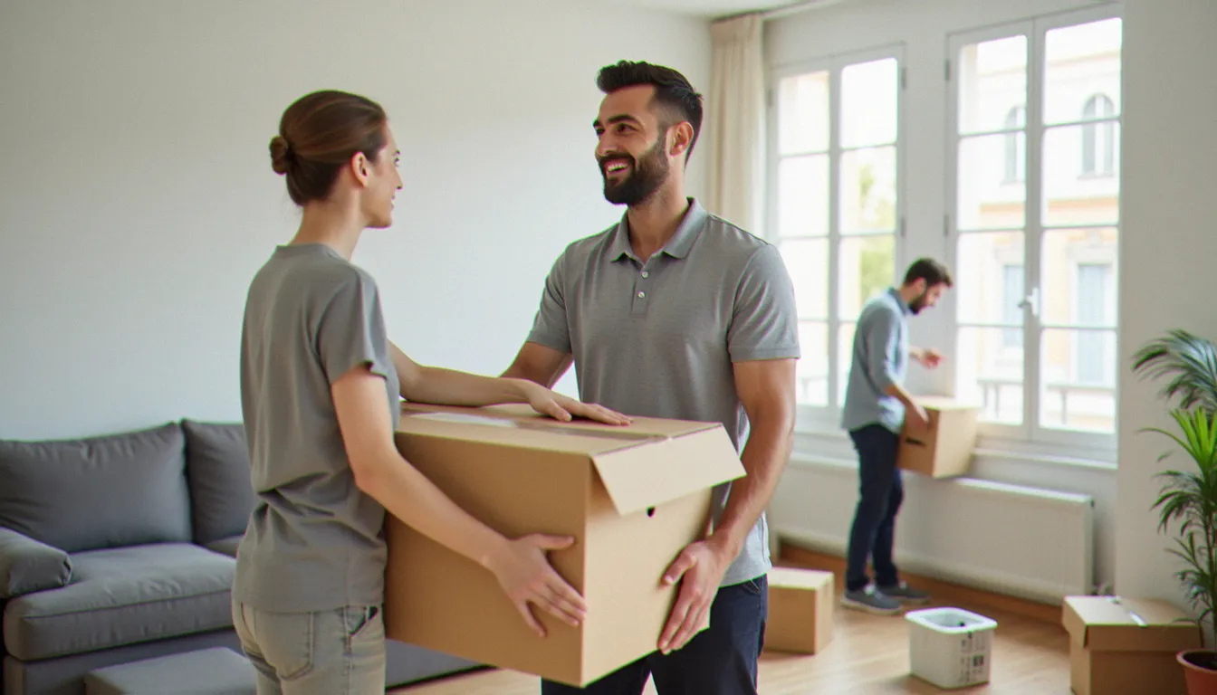 Un professionnel apporte un carton dans un salon lumineux, illustrant des exemples de services à domicile pour le logement