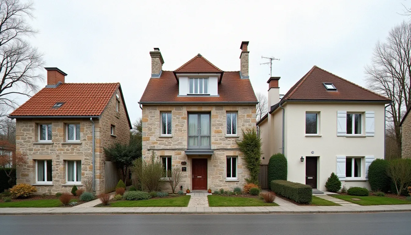 Trois types de maisons françaises côte à côte : maison ancienne en pierre, pavillon des années 1970 et maison récente