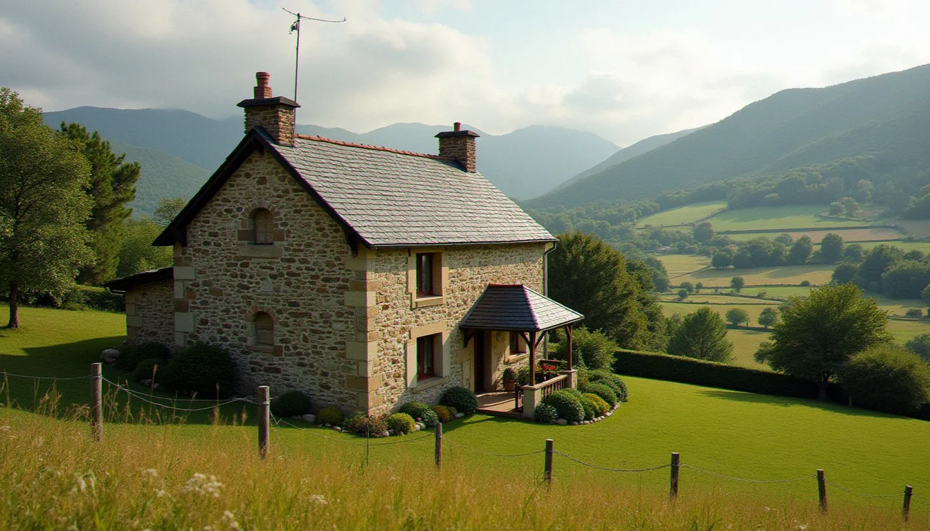 Maison France traditionnelle en pierre avec toit en ardoise et jardin, dans la campagne auvergnate