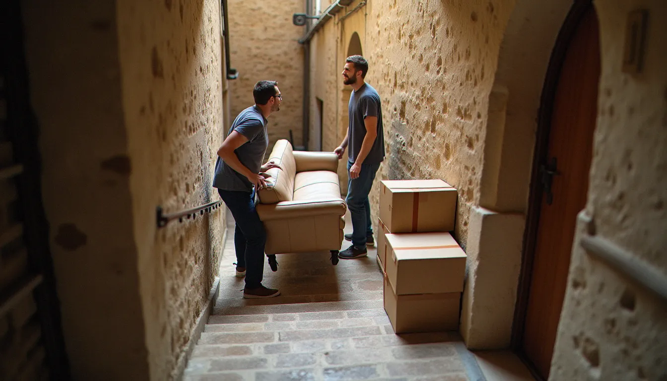 Deux déménageurs portant un canapé dans un escalier étroit d'un immeuble ancien en Auvergne