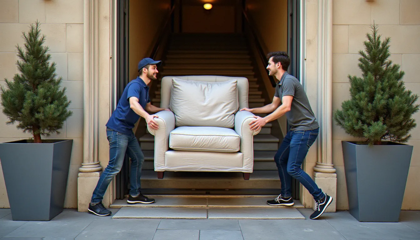 Deux déménageurs portent avec précaution un fauteuil protégé dans l'escalier d'un immeuble