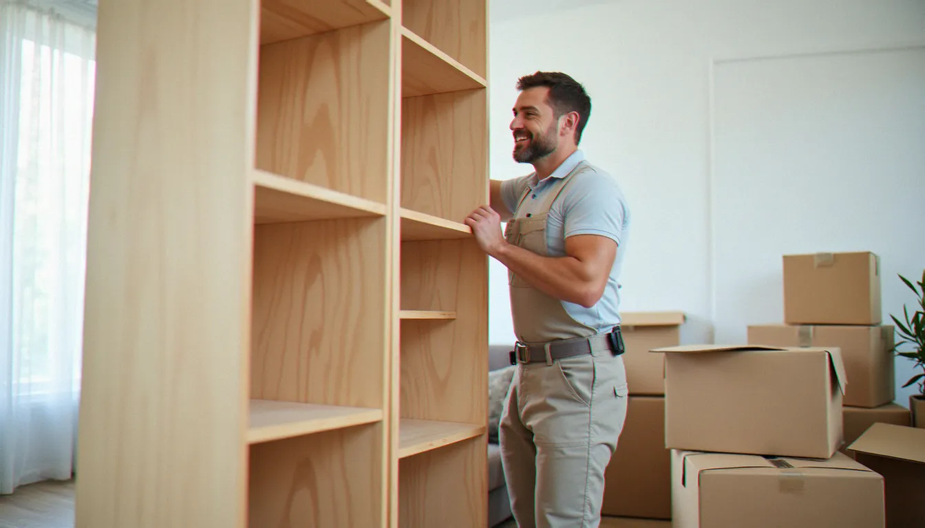 Un professionnel monte une bibliothèque dans un salon lumineux, illustration des pro services habitat à domicile