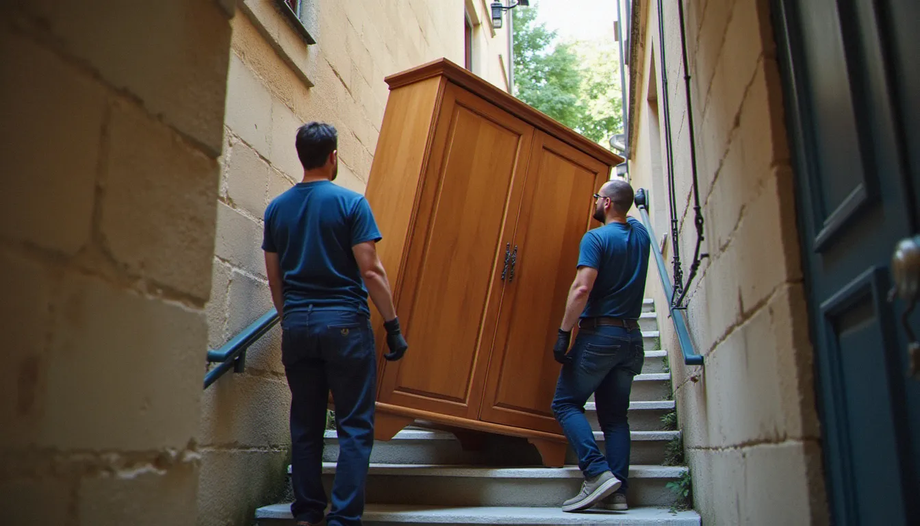 Deux déménageurs portent une armoire dans l'escalier d'un immeuble ancien lors d'un service de déménagement
