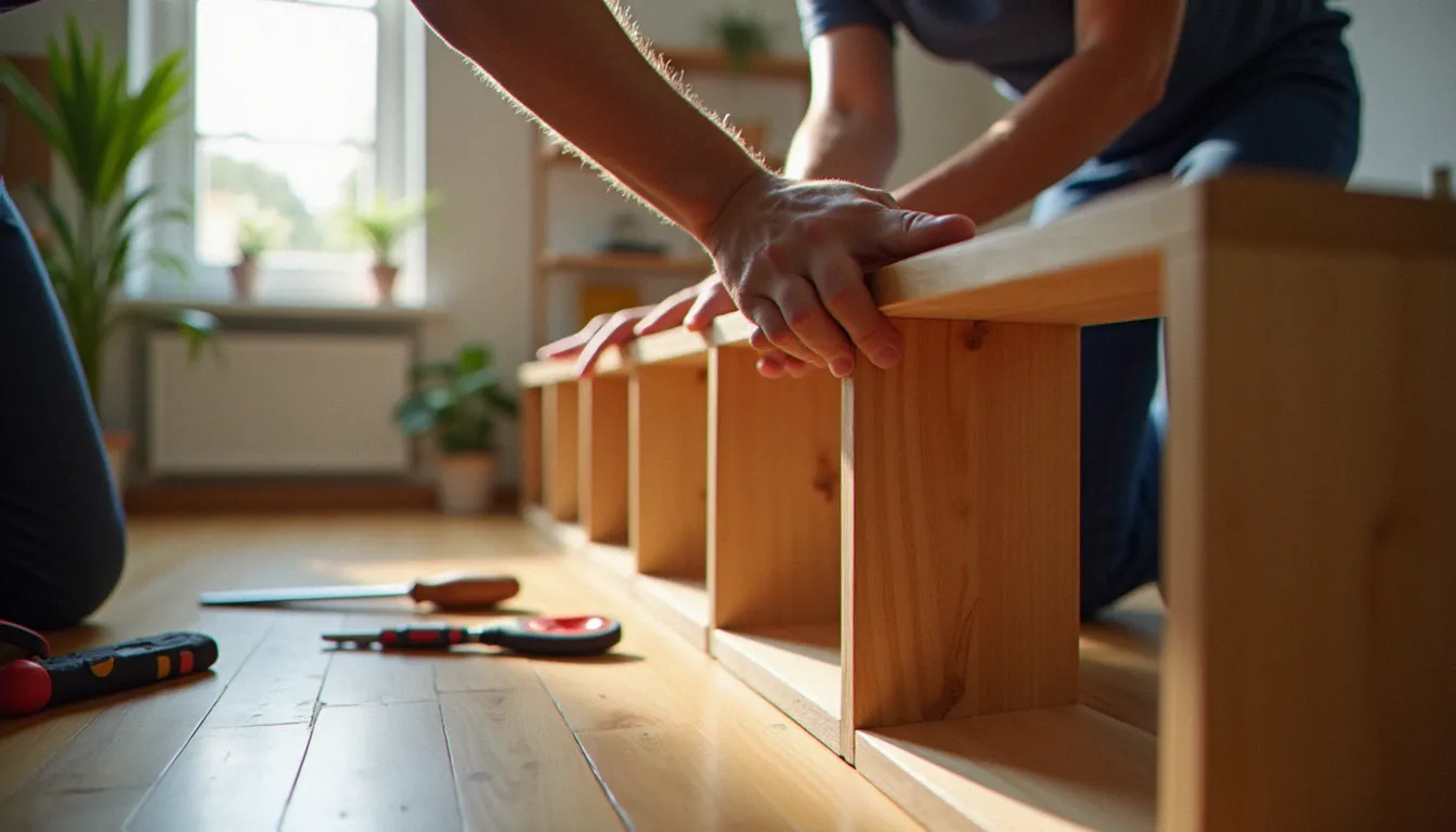 Mains d'un prestataire montant une bibliothèque en bois dans un appartement, exemple de service ponctuel à domicile