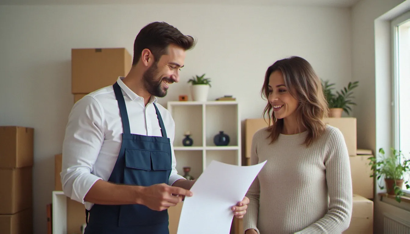 Un prestataire de services présente un devis à un propriétaire dans son salon, illustrant la définition du service def à domicile