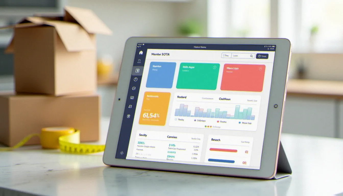 Tablette posée dans une cuisine présentant différentes catégories de services pour le logement, avec des cartons de déménagement en arrière-plan