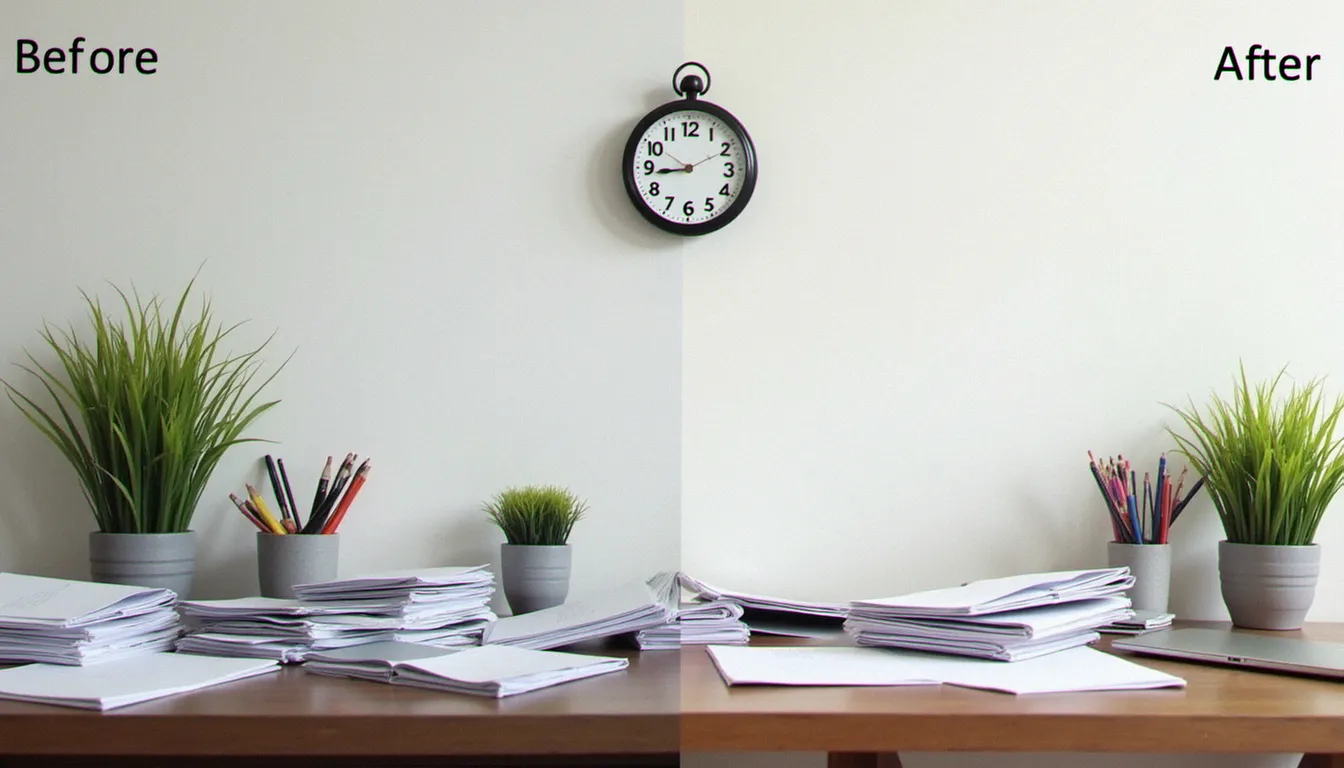 Comparaison avant-après d'un espace de travail, montrant l'impact d'un service d'organisation.