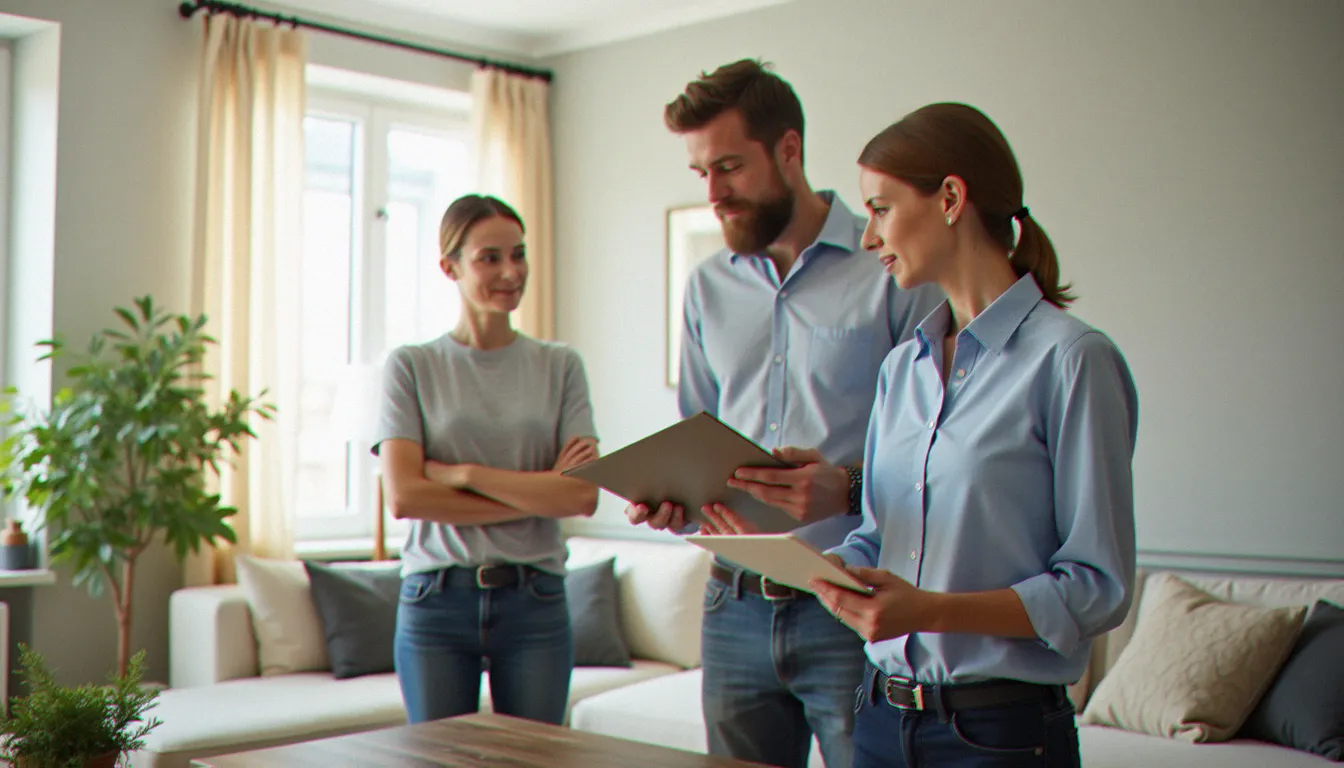 Un professionnel inspectant une pièce de mobilier dans un salon moderne, un service exemple de qualité.